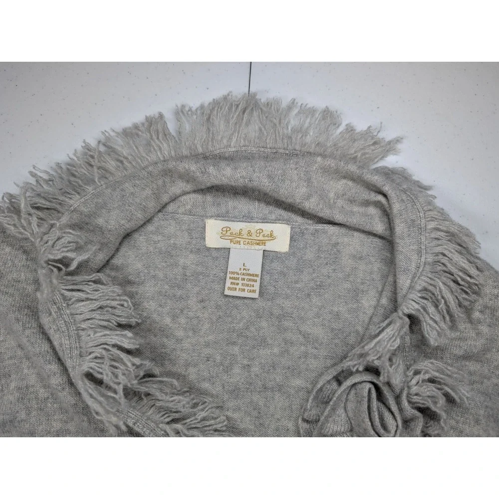Peck & Peck  100% Pure Cashmere Cardigan Sweater Women's Large Fringe 2 Ply Gray - Picture 4 of 10